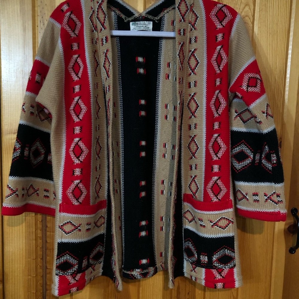 Vintage Geometric Patterned Sweater - Red, Black, and Tan